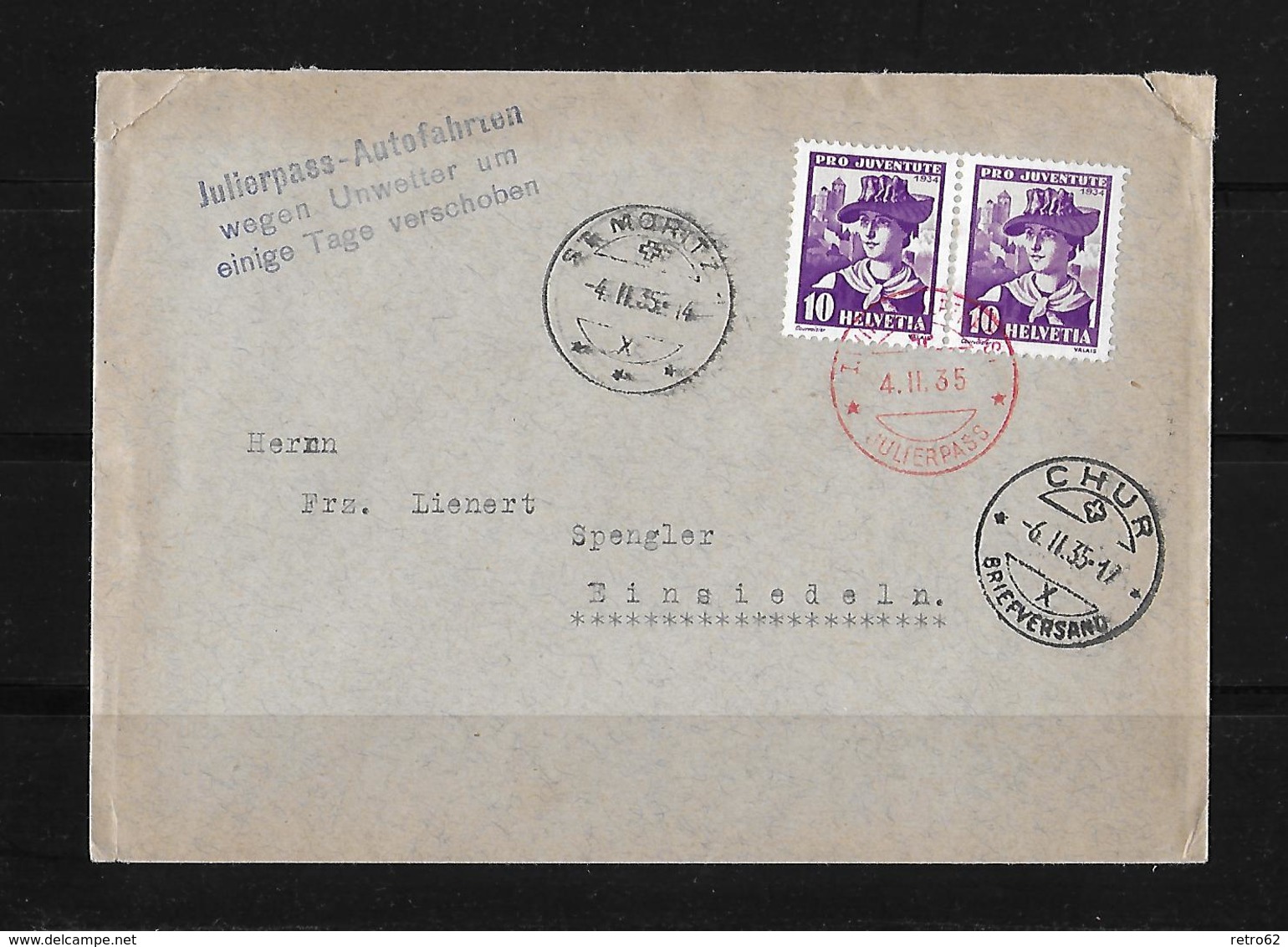 HEIMAT GRAUBÜNDEN →  Brief St.Moritz Nach Chur 1935 ►Zustellung Wegen Unwetter Einige Tage Verschoben◄ - Lettres & Documents