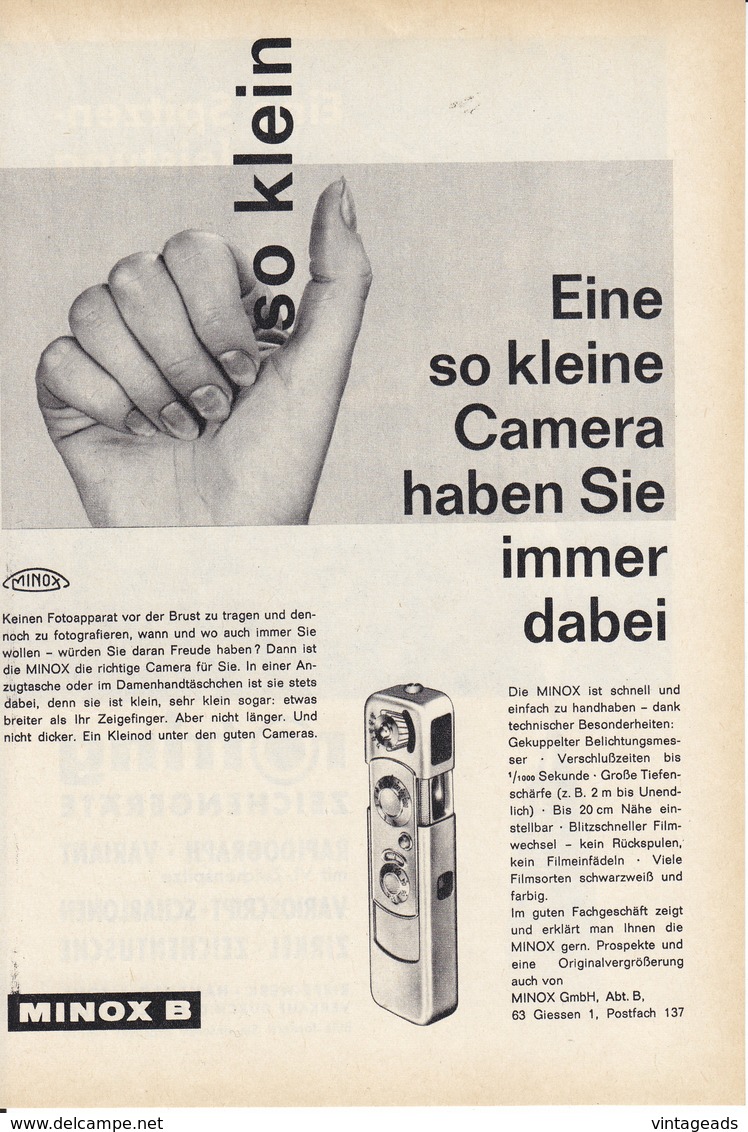 AD003 - Werbung Reklame Minox B Camera 1964, Original Aus Zeitschrift, 147 X 208 Mm - Advertising