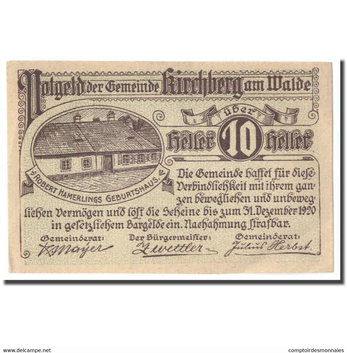 Billet, Autriche, Kirchberg Am Walde N.Ö. Gemeinde, 10 Heller, Texte 1, 1920 - Austria