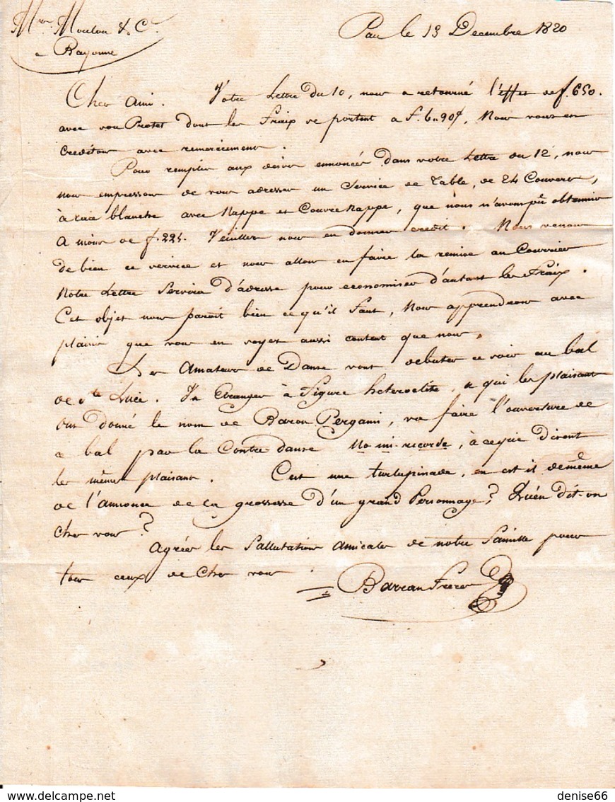 1820 - PAU - L.A.S. BARREAU Frères à MM. MOULOU & Cie, Négociants à BAYONNE - Bal De Ste Lucie - Historical Documents