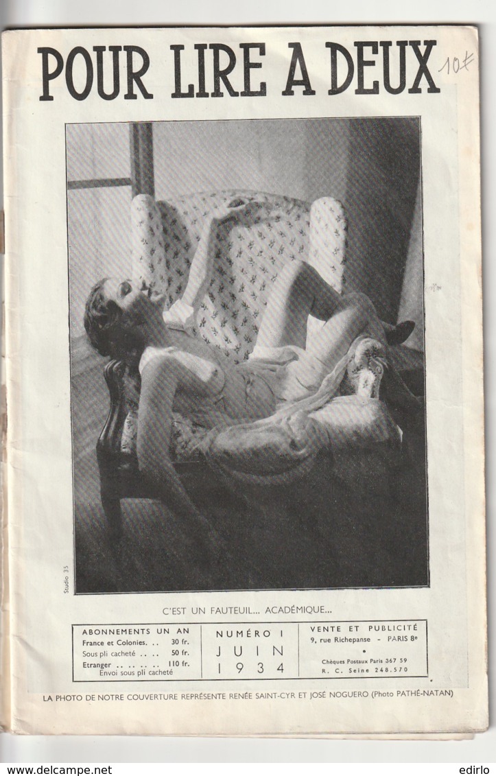 MAGAZINE EROTIQUE N° 1 De Pour Lire à Deux état TB (petits Défauts D'usage - Numéro Un JUIN 1934 -photos Coquines - 1900 - 1949