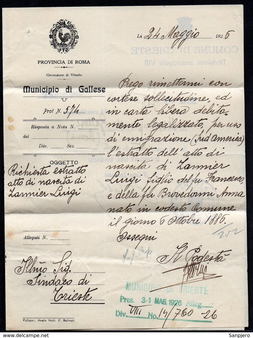 ITALY ITALIA 1926. Historical Documents Envelope Use By The Municipality Of ROMA GALLESE TRIESTE - Documenti Storici