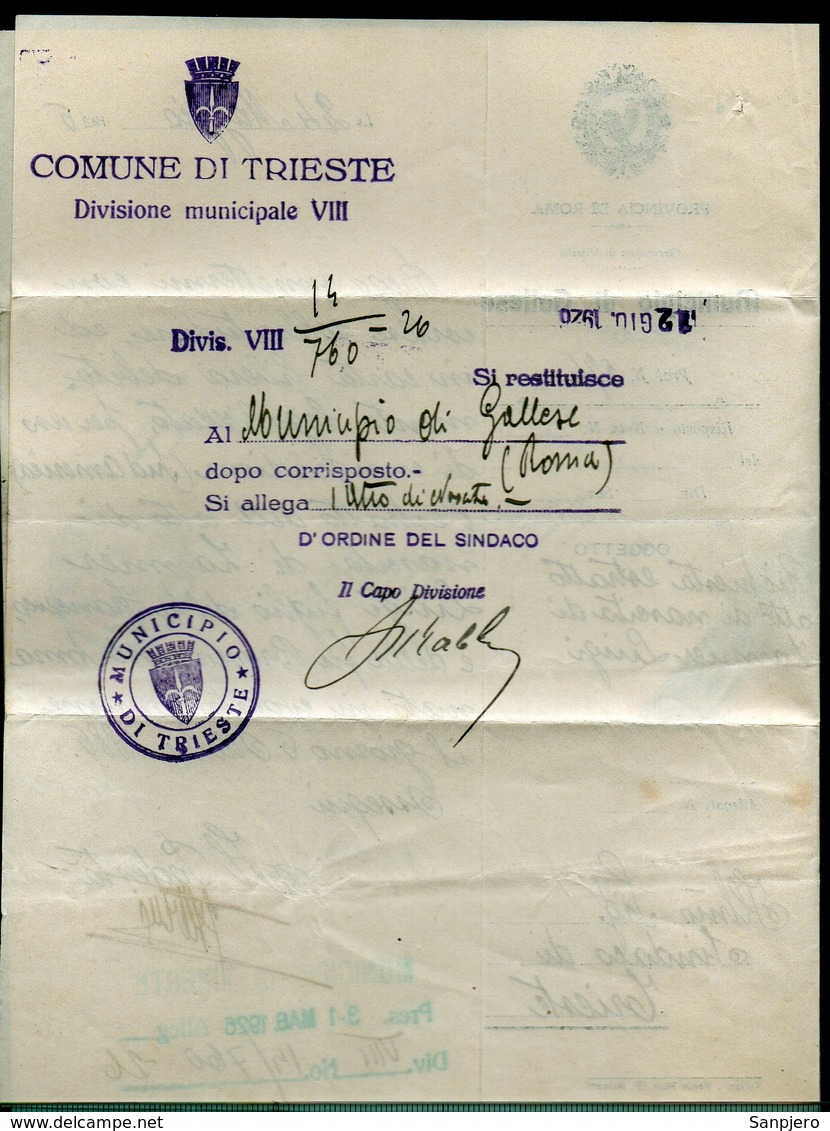 ITALY ITALIA 1926. Historical Documents Envelope Use By The Municipality Of ROMA GALLESE TRIESTE - Documenti Storici