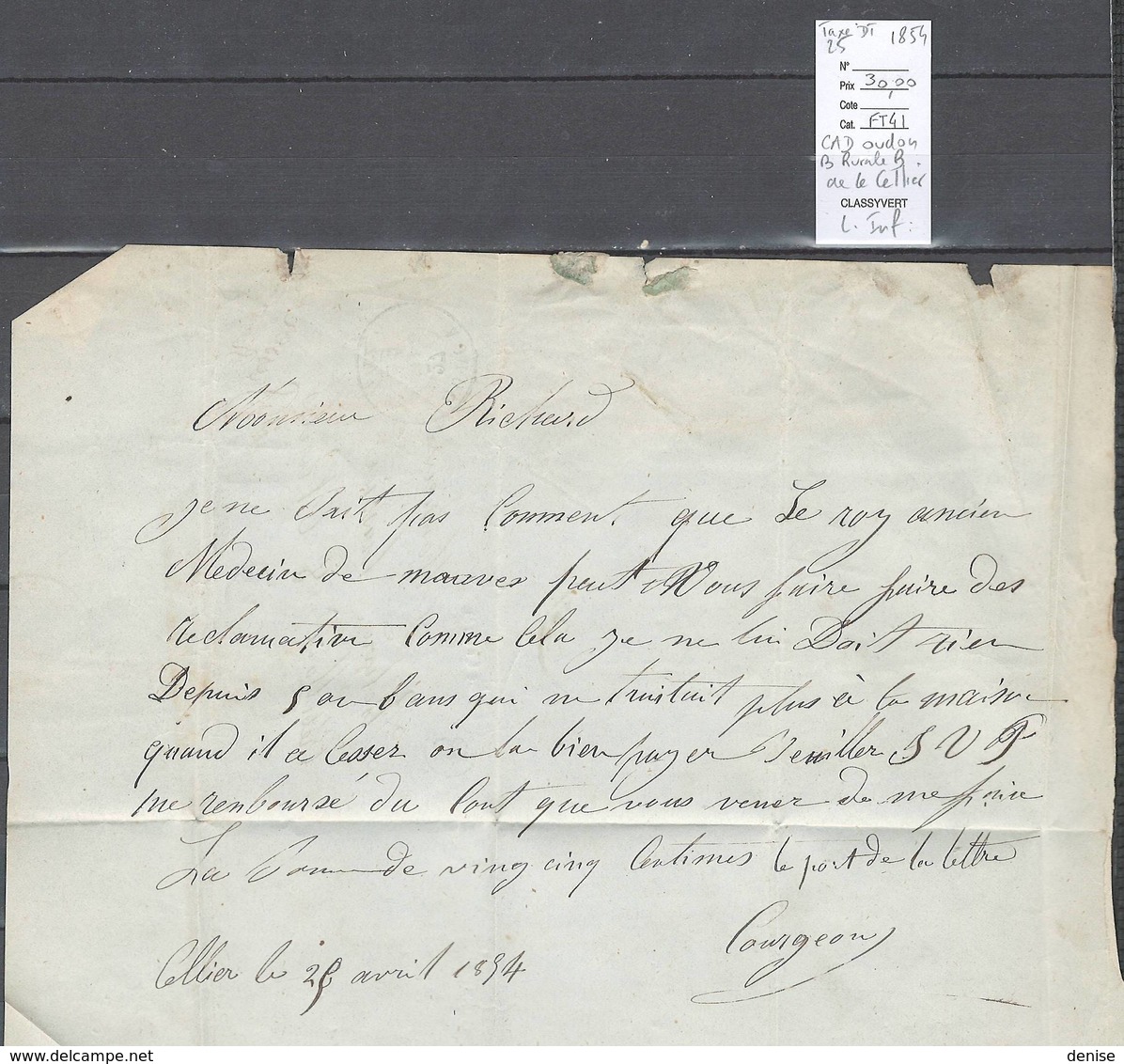 France - Lettre  CAD D'OUDON En Loire Inférieure - Boite Rurale B - IDENTIFIEE DE LE CELLIER - 1854 - 1849-1876: Classic Period