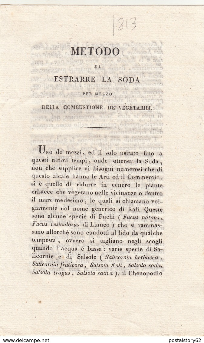 Documento A Stampa Sul Metodo Di Estrarre La Soda Per Mezzo Della Combustione Dei Vegetali. Inizio 800 - Altri & Non Classificati