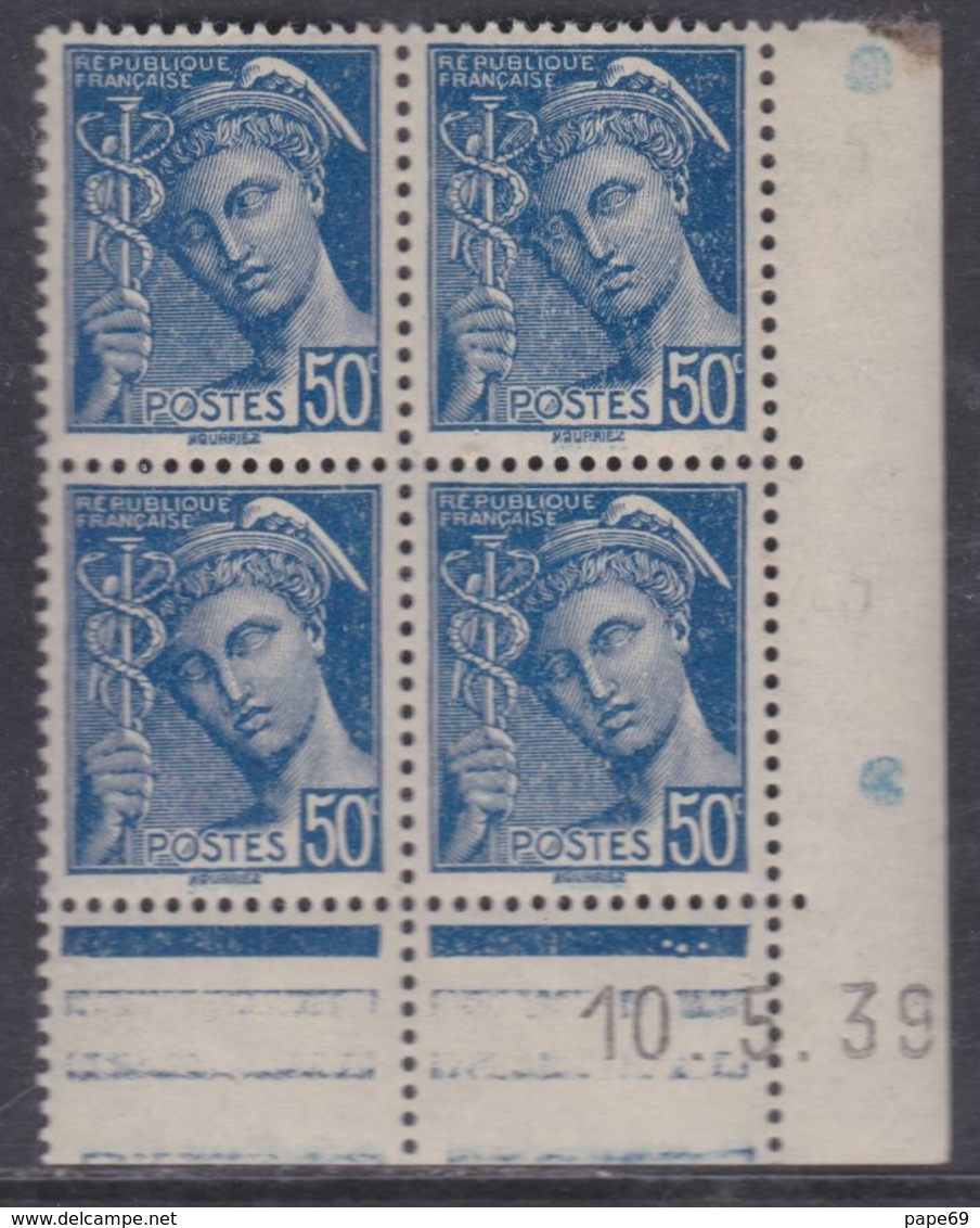 France N° 414A XX Type Mercure : 50 C. Bleu En Bloc De 4 Coin Daté Du 10 . 5 . 39 ; 3 Pts Blancs, Sans Ch., TB - 1930-1939