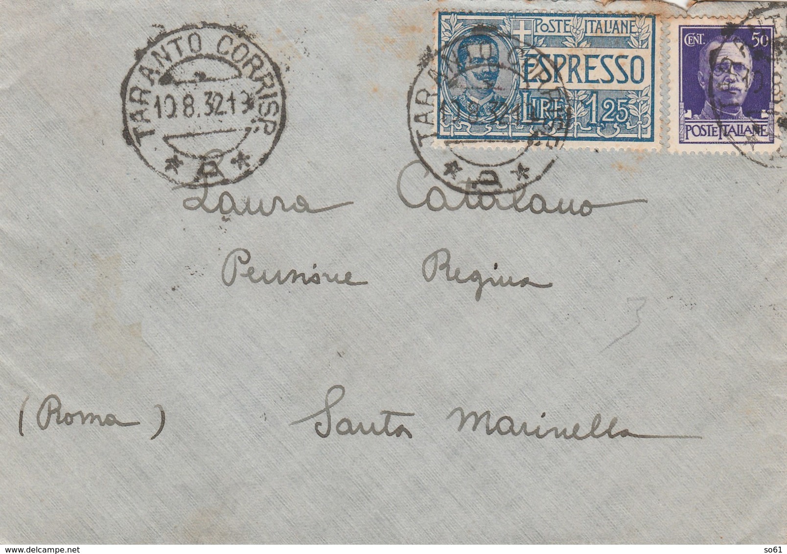 7745.   Busta Espresso Da Taranto Per Pensione Regina Santa Marinella Roma 1921 - Poststempel