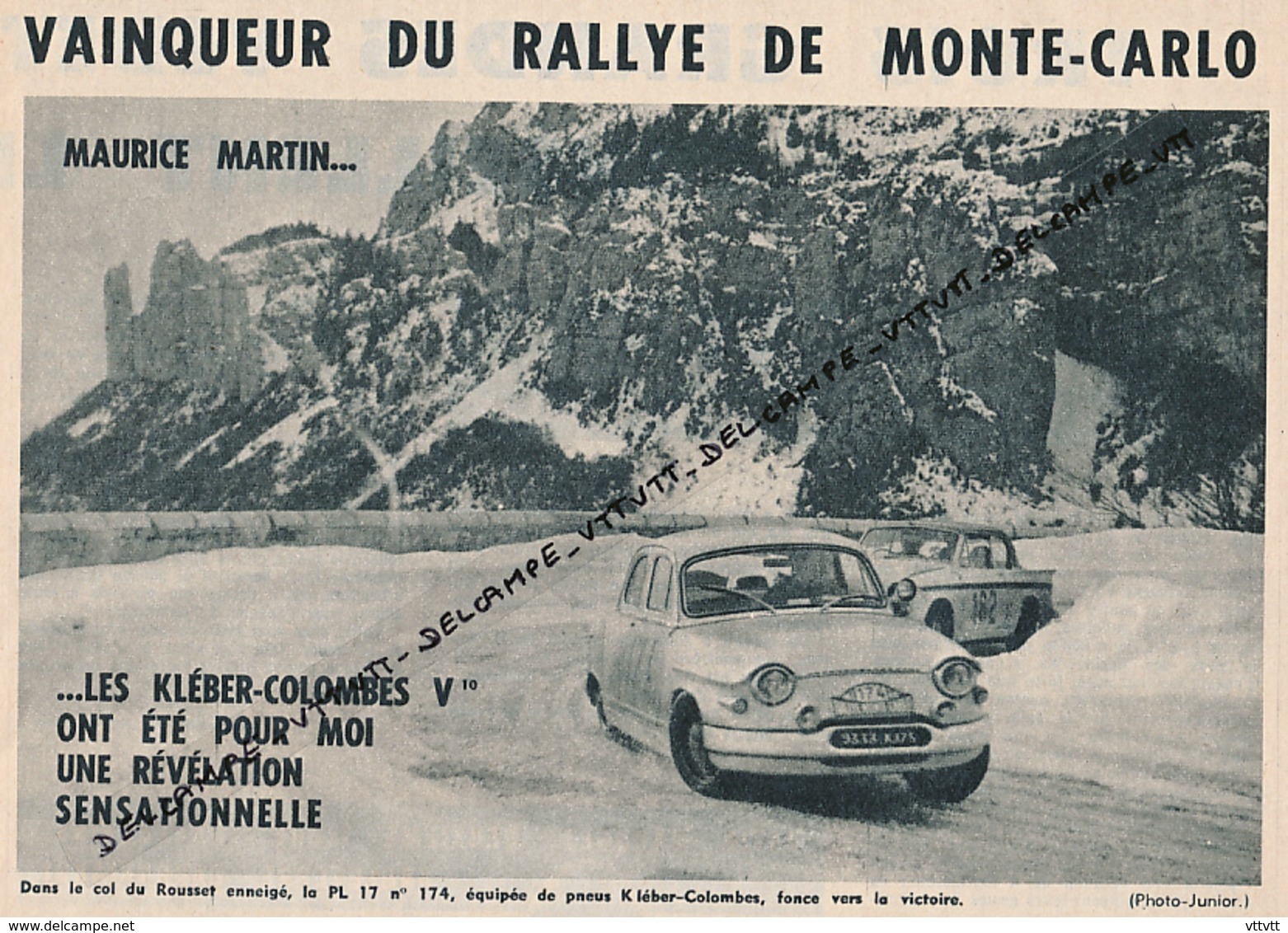 AUTOMOBILE : PHOTO, RALLYE DE MONTE-CARLO, MARTIN-BATEAU, VAINQUEUR SUR PANHARD, COL DU ROUSSET, COUPURE REVUE (1961) - Collections