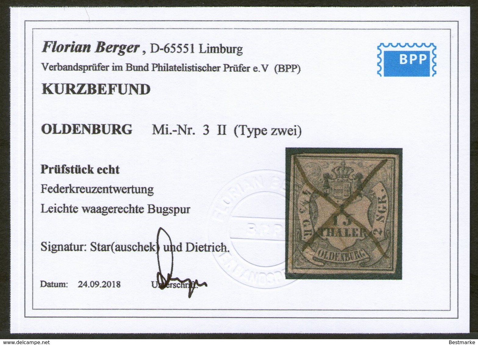 Federkreuz Auf 1/15 Thaler Mattrosa - Oldenburg Nr. 3 II - Kabinett - Tiefst Geprüft BPP - Oldenbourg