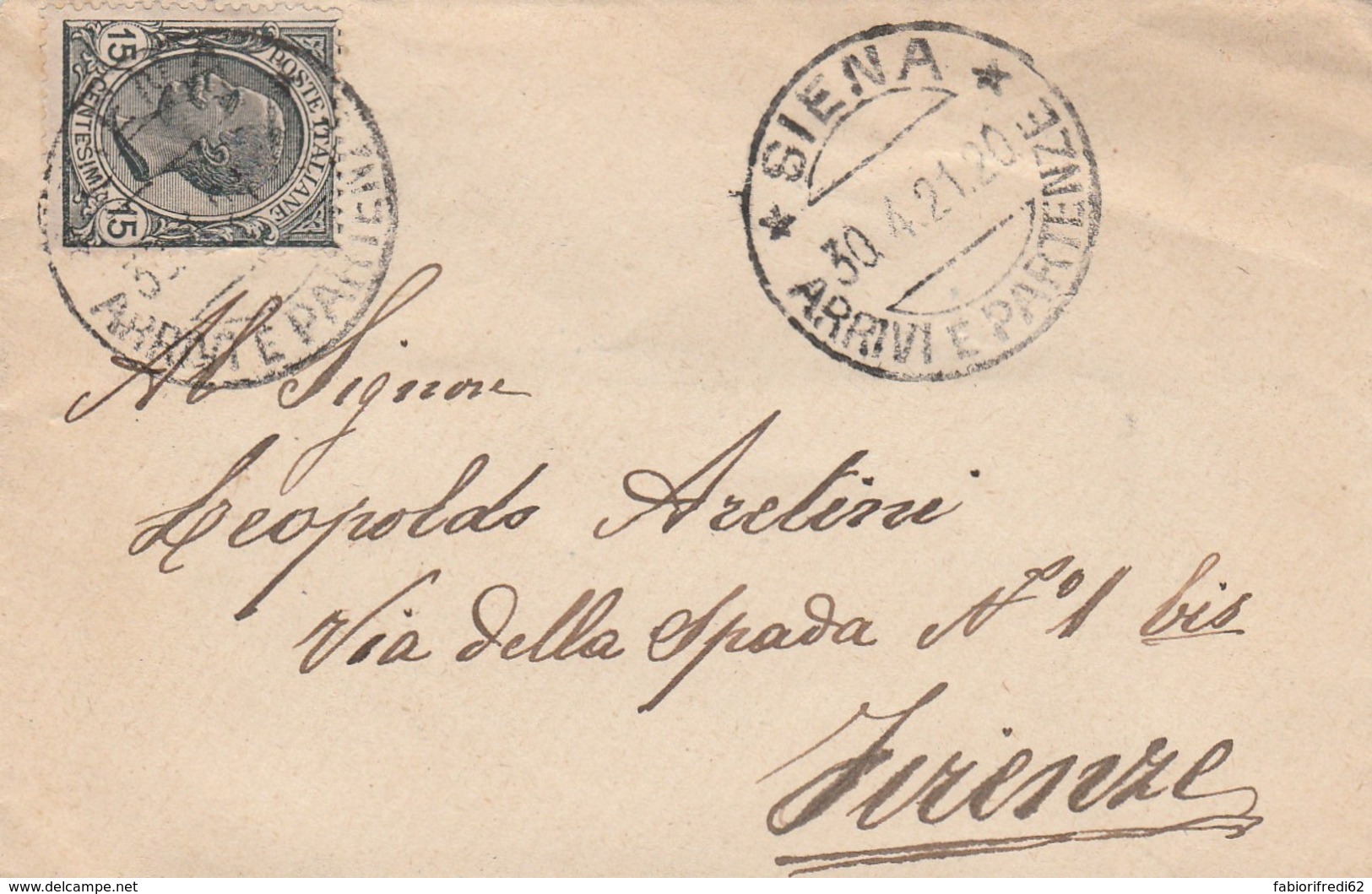 LETTERA 1921 CENT.15 TIMBRO SIENA (LX75 - Marcofilía