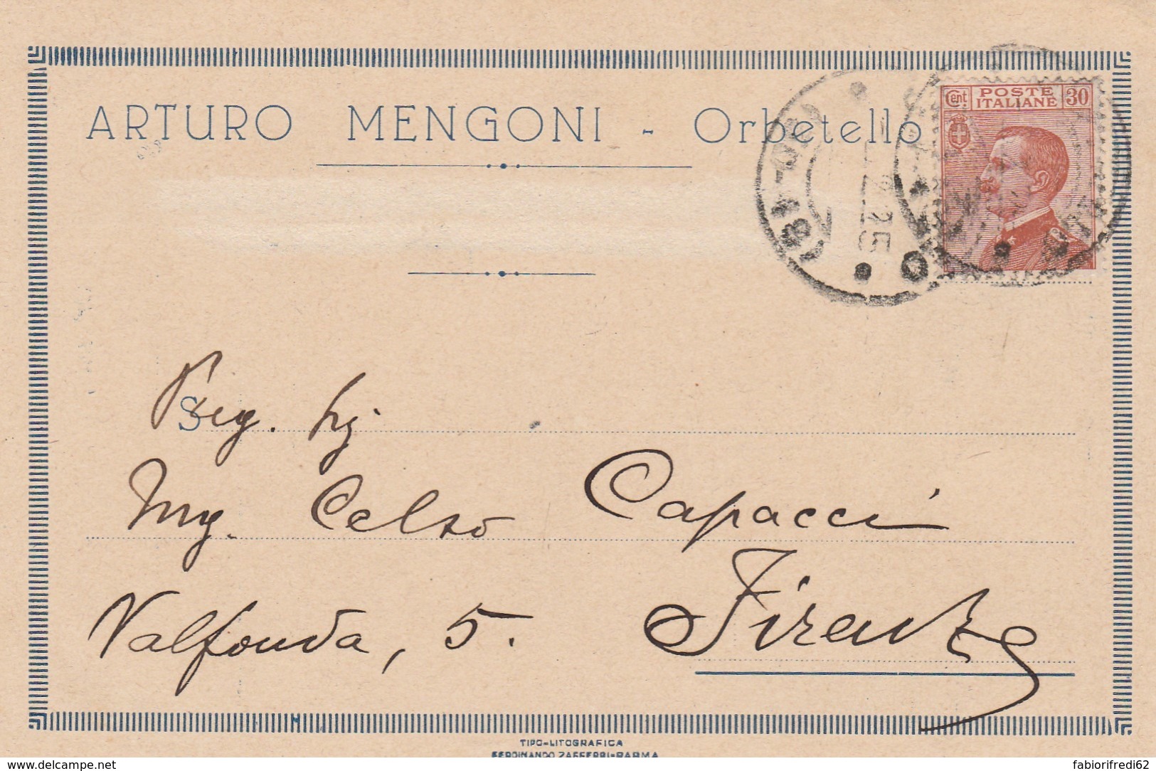 CARTOLINA 1925 CENT. 30 -ARTURO MENGONI ORBETELLO (LX136 - Storia Postale