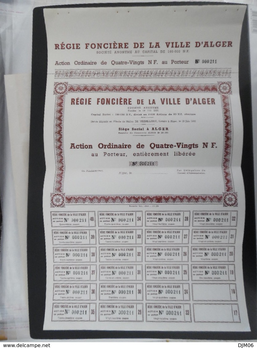 ALGÉRIE : "Régie Foncière De La Ville D Alger" Statuts De 1935 -Rare, 2000 Actions émises. (Exclusivité Sur Le Site) - Africa