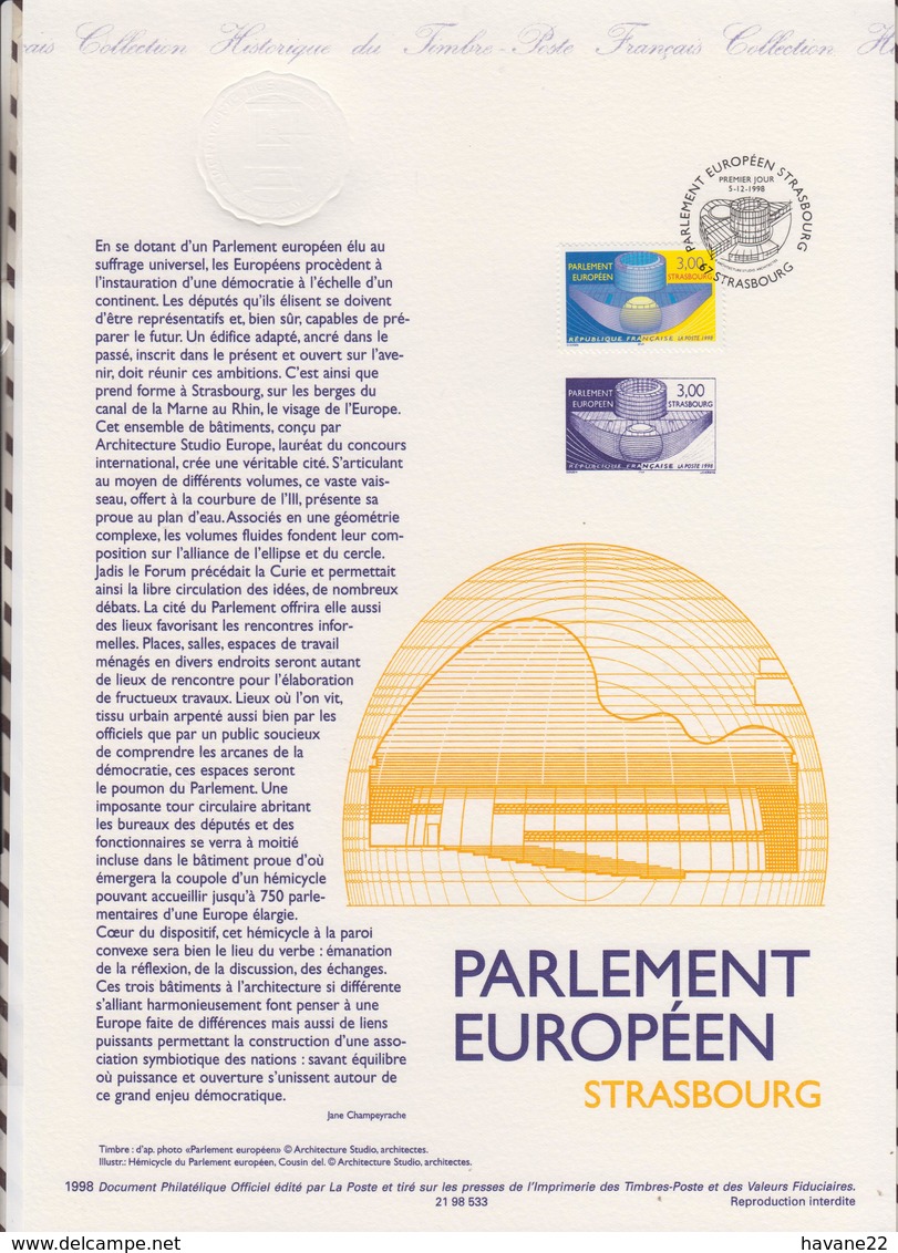 1ER JOUR  FEUILLET DOCUMENT PHILATELIQUE 98 533 PARLEMENT EUROPEEN STRASBOURG - Documents De La Poste