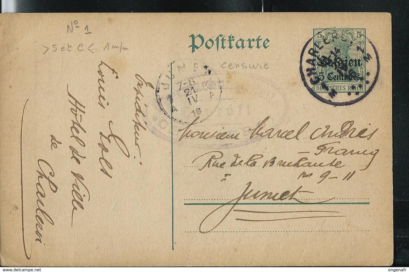 Carte Obl. N° 1  Obl. Charleroi 20/04/1916  Pour Jumet + Censure - German Occupation