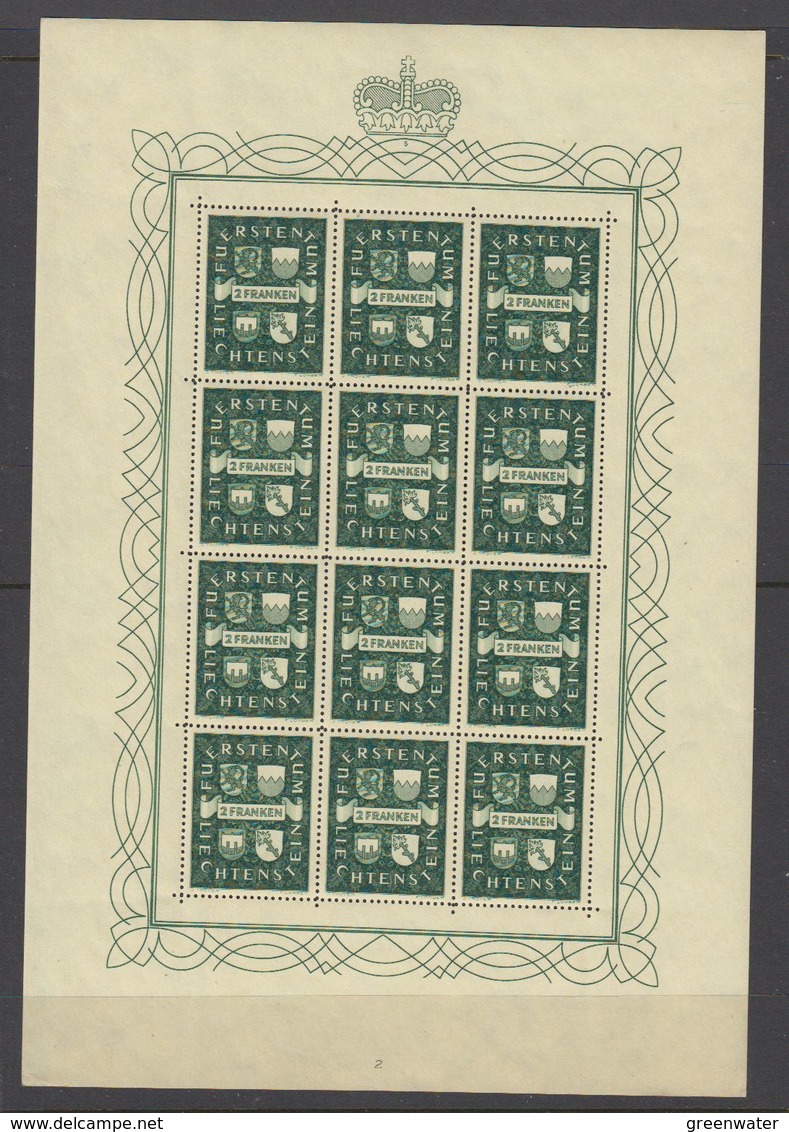 Liechtenstein 1939 Definitives / Arms 2v Sheetlets ** (2fr Shtlt Mh In Margin, Stamps Mnh) 3fr Shtlt Mnh (F7583) - Ongebruikt