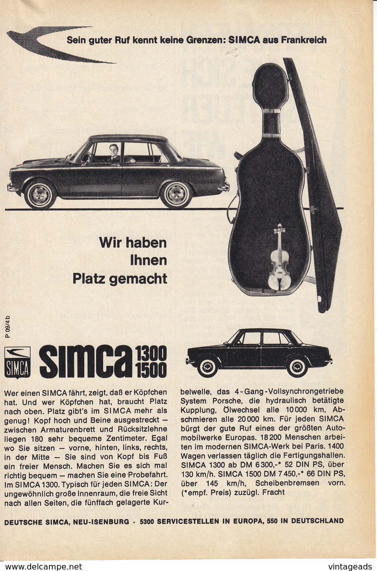 AD013 - Werbung Reklame Simca 1300 Und Simca 1500, 1964, Original Aus Zeitschrift, 147 X 208 Mm - Werbung