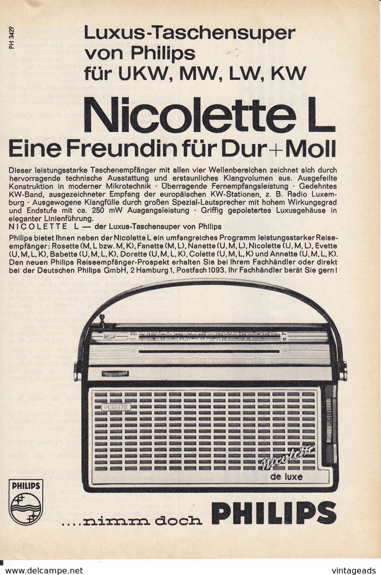 AD017 - Werbung Reklame Kofferradio Philips Nicolette L Luxus-Taschensuper, Original Aus Zeitschrift, 147 X 208 Mm - Werbung