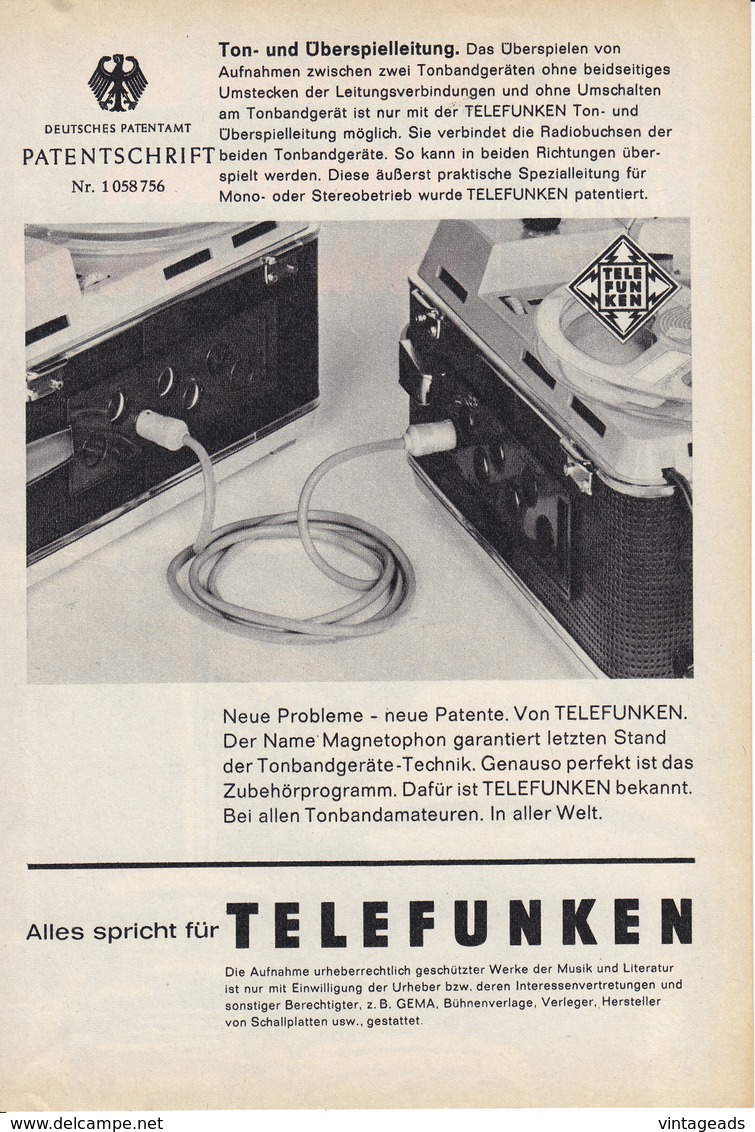 AD019 - Werbung Reklame Telefunken Ton- Und Überspielleitung, 1964, Original Aus Zeitschrift, 147 X 208 Mm - Publicidad