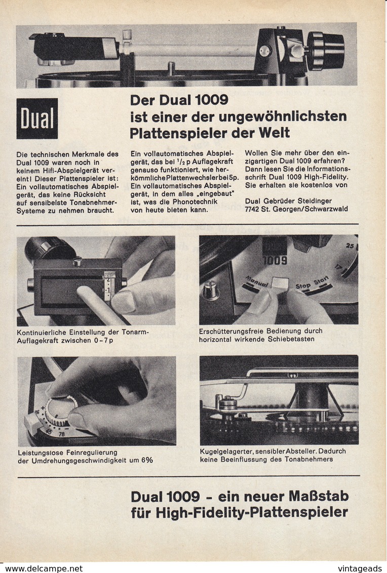 AD020 - Werbung Reklame Dual 1009 Plattenspieler, 1964, Original Aus Zeitschrift, 147 X 208 Mm - Reclame