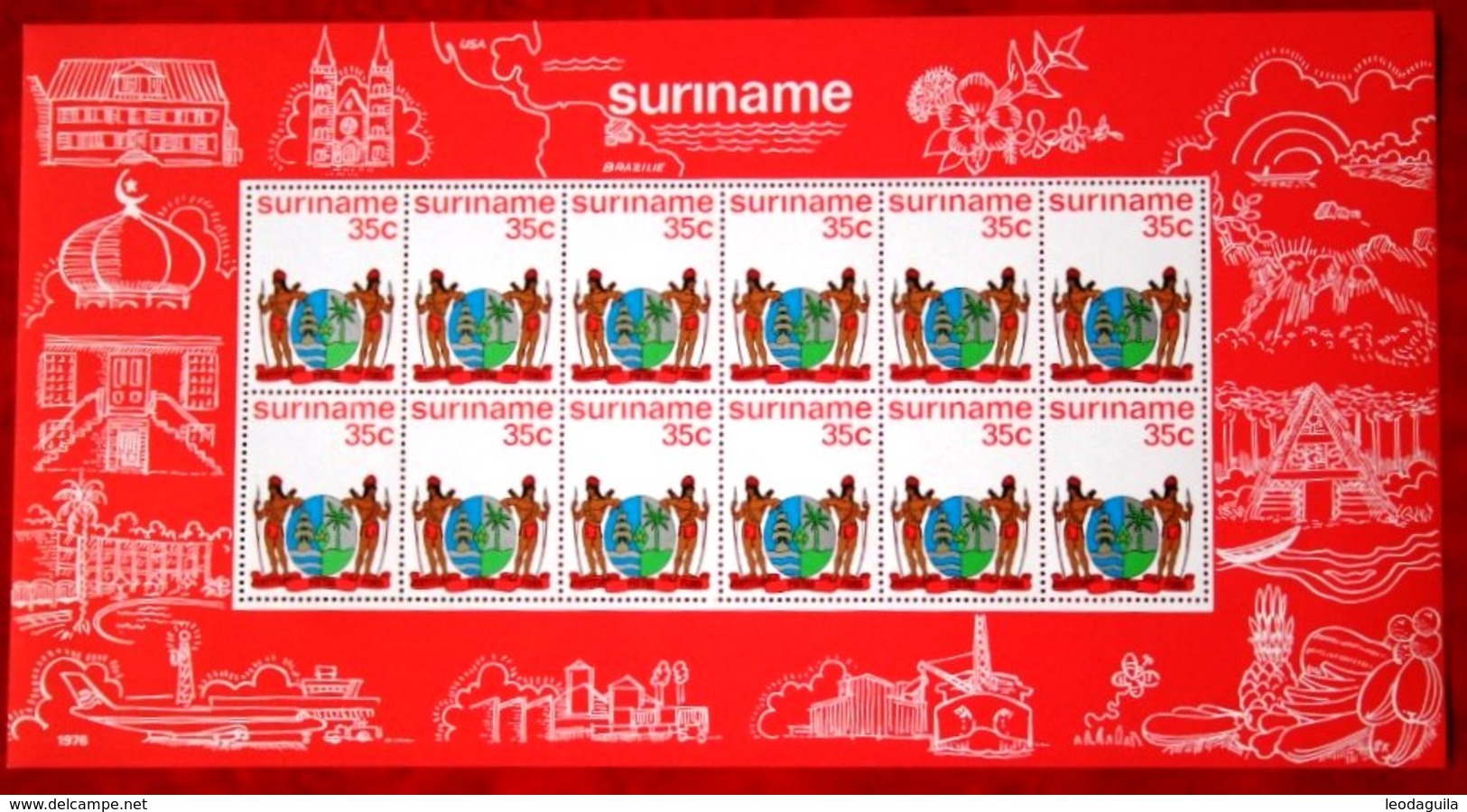 SURINAM  #445-6  M/S  -  FLAG And  COAT OF ARMS -  MiniSheets Of 12 With Decorative Margins-   1976 - Surinam