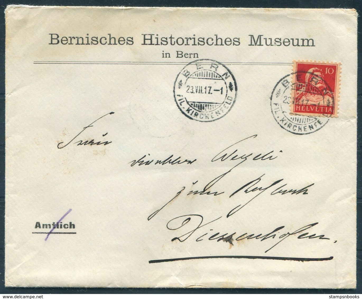 1917 Switzerland Bernisches Historisches Museum / Bern Historical Museum Cover - Diessenhofen - Lettres & Documents