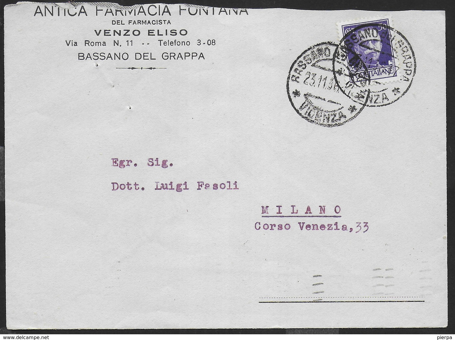 STORIA POSTALE REGNO - ANNULLO DC BASSANO DEL GRAPPA 23.11.1936 SU BUSTA INTESTATA FARMACIA  PER MILANO - Storia Postale