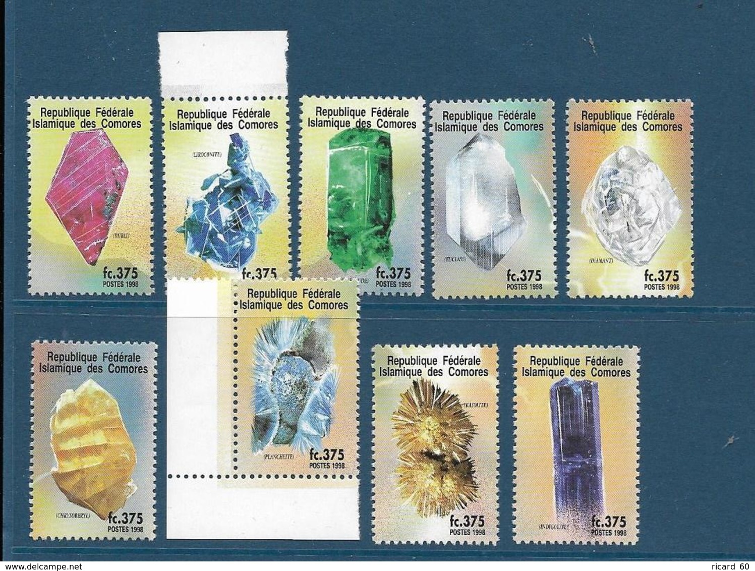 Série Neuve** Comores, Minéraux, N° 824 à 32, 1998, Rubis, émeraude, Diamant, Euclase, Kasolite, Liroconite, Indigolite, - Minerales