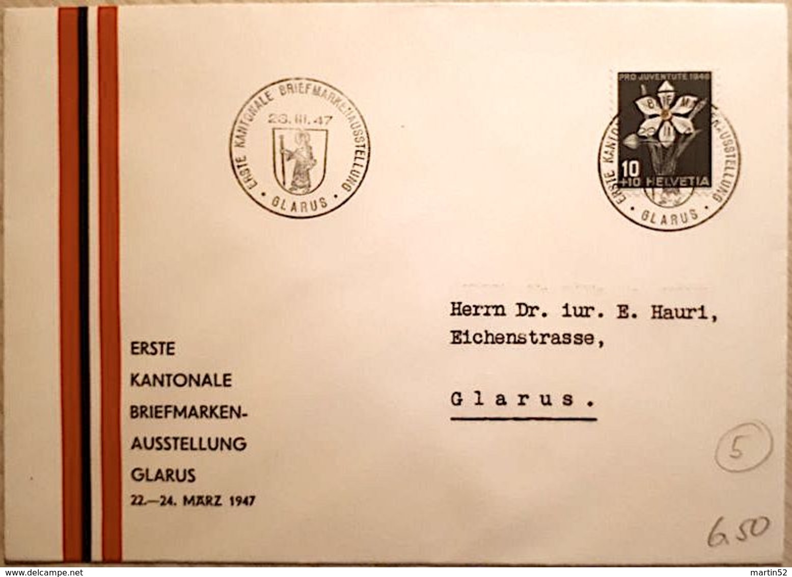 Schweiz Suisse: Pro Juventute 1946 Zu 118 Mi 476 Yv 434 Mit O GLARUS 23.III.47 ERSTE KANTONALE BRIEFMARKENAUSSTELLUNG - Marcophilie