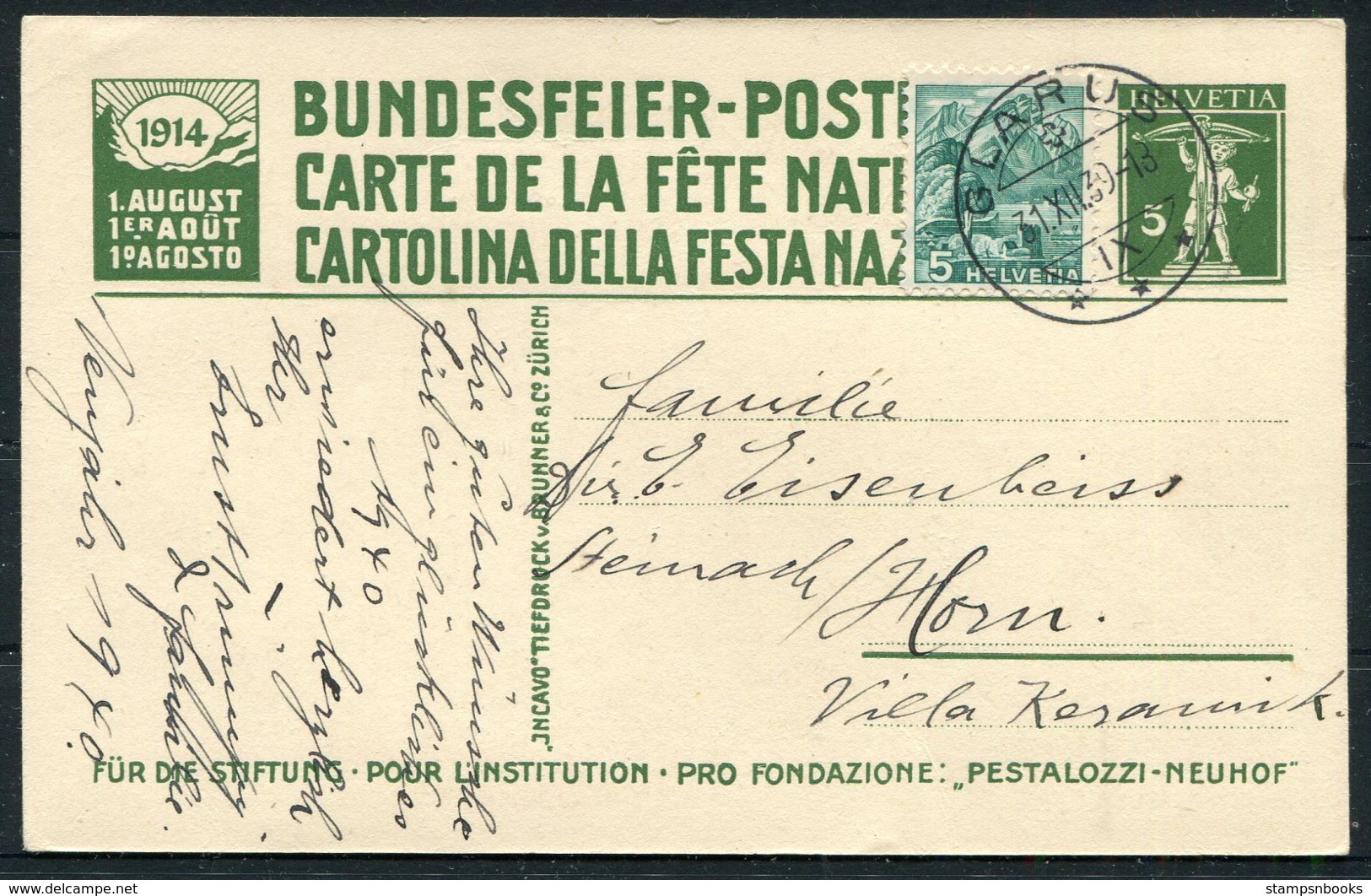 1939/40 Neujahr Switzerland Uprated (1914) Bundesfeier Postcard. Glarus - Covers & Documents