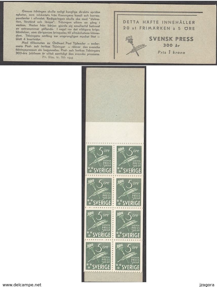 300 YEARS SWEDISH PRESS TAGESPRESSE PRESSE QUOTIDIEN SWEDEN SUEDE SCHWEDEN 1945  MI 312 BOOKLET 312D H73 MNH 20 STAMPS - 1904-50