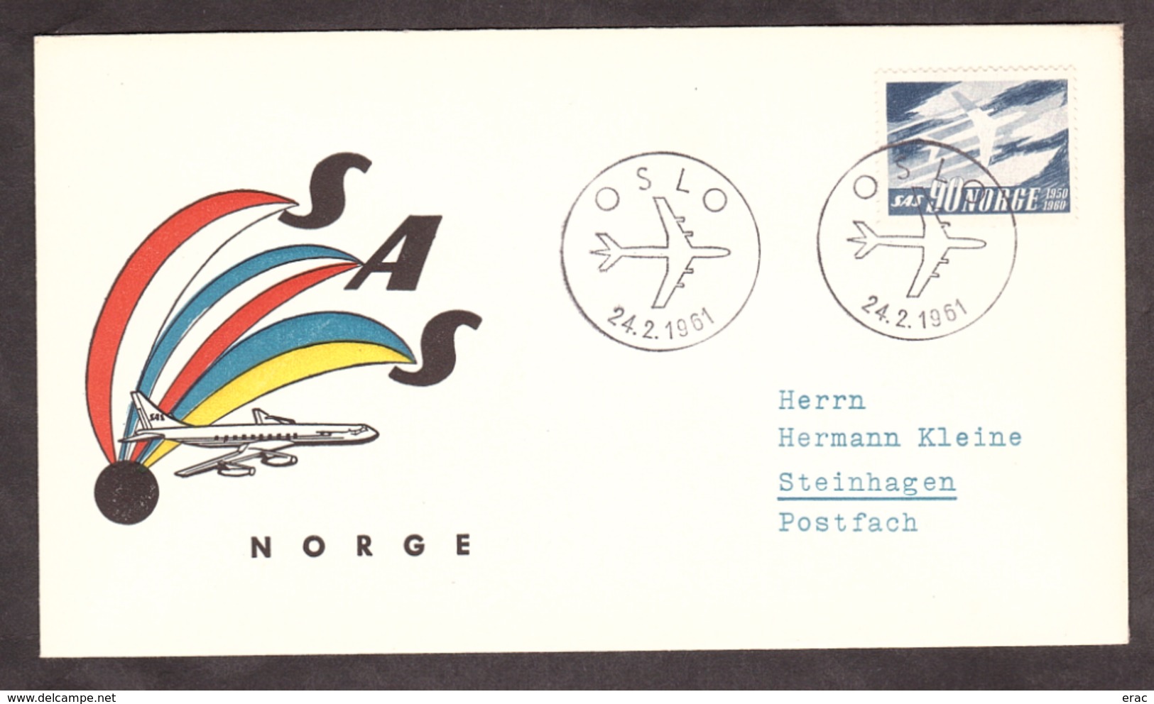 Norvège - 1961 - Enveloppe Commémorative - 10 Ans SAS - Covers & Documents