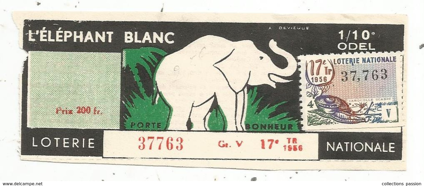 Billet De Loterie ,L'ELEPHANT BLANC , Prix 200 Fr , 17 E Tirage ,1956 ,2 Scans - Billets De Loterie