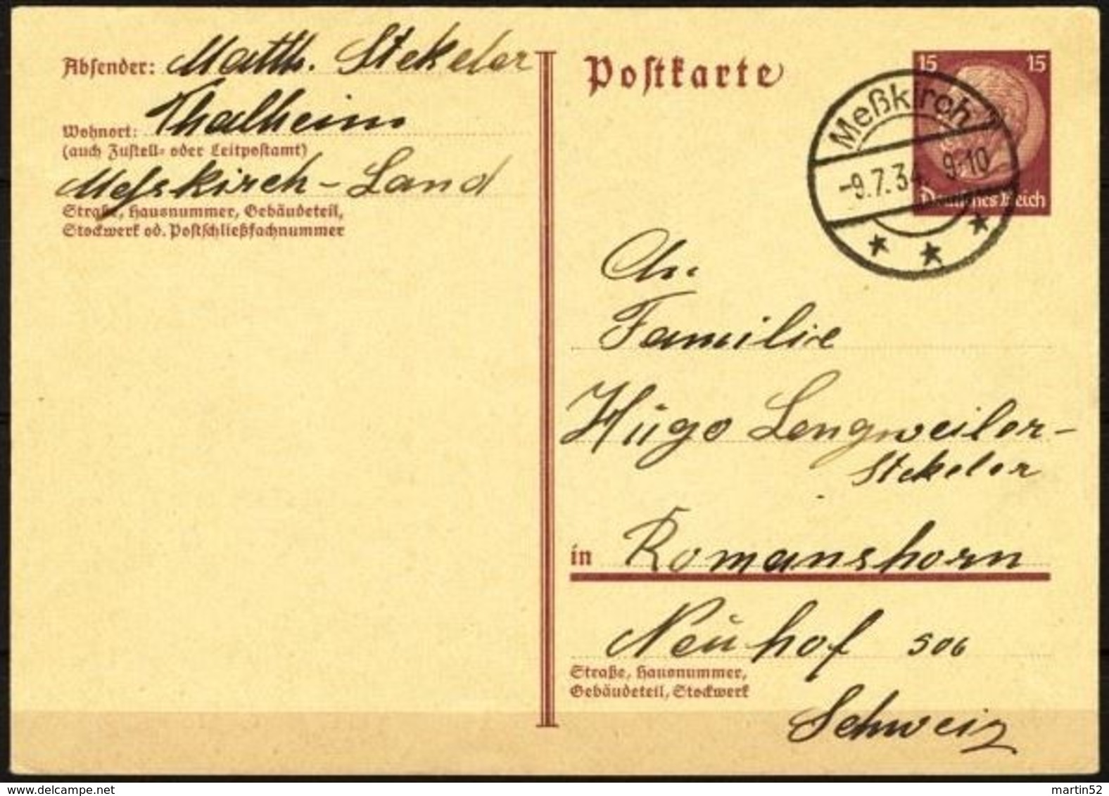 Deutsches Reich 1934: Postkarte 15 (Pfg) Hindenburg Mit Stempel Von MEßKIRCH 9.7.34 Nach Romanshorn (Schweiz) - Sonstige & Ohne Zuordnung