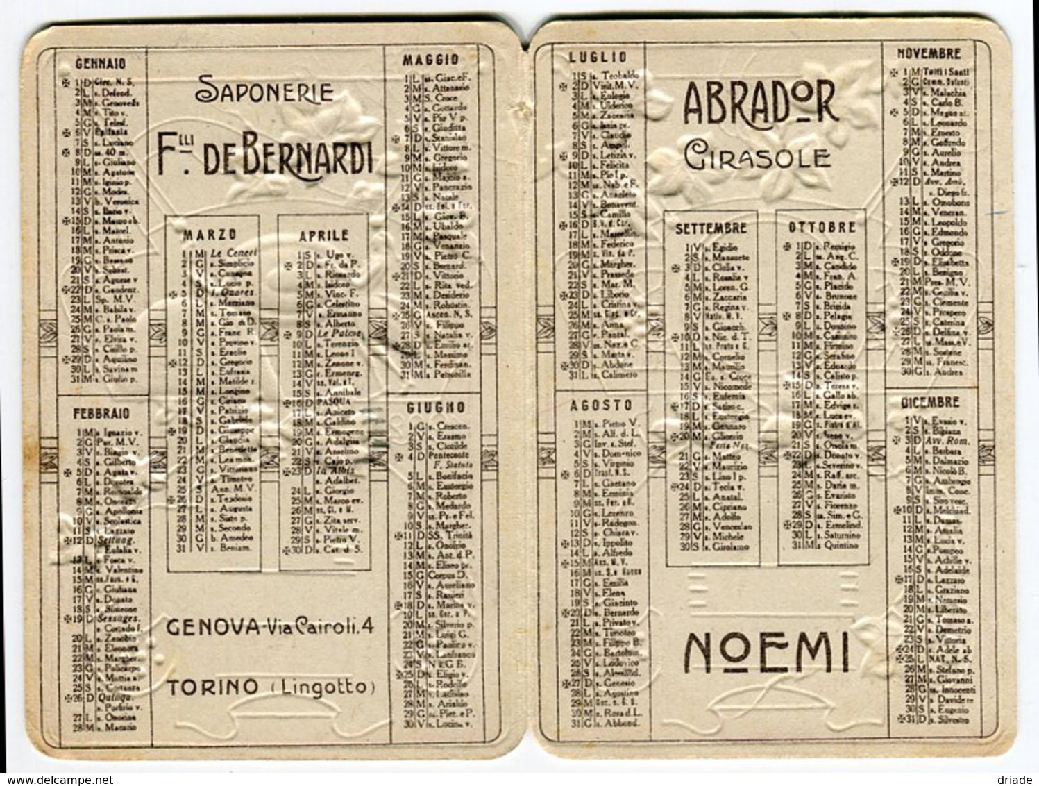 CALENDARIETTO PUBBLICITà I TRE SAPONI ITALIANI GIRASOLE NOEMI ABRADOR ANNO 1922 GENOVA TORINO - Formato Piccolo : 1921-40