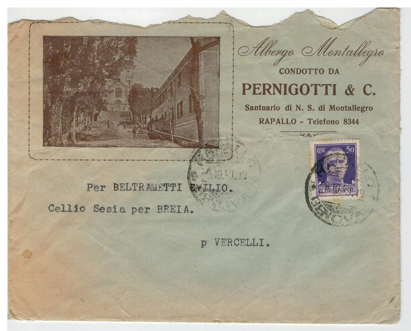 Busta Albergo Montallegro Condotto Da Pernigotti & C. - Santuario N.S. Di Montallegro - Rapallo - Poststempel