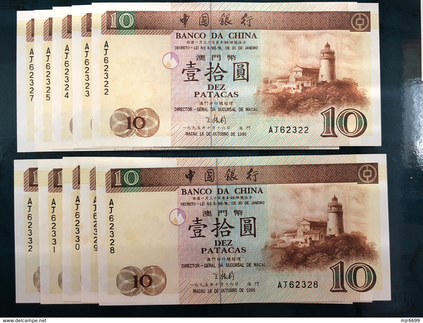 BANK OF CHINA 1995 10 PATACAS LOT OF 10 BANK NOTES, ALL UNC BUT WITH SOME STAIN. - Macao