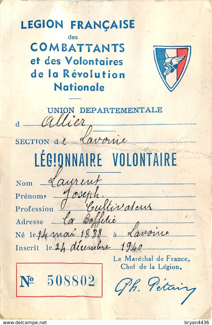 Carte De Legionnaire Volontaire - LEGION FRANCAISE DES COMBATTANTS -  Datée 20 Mai 1942 - - Guerre 1939-45