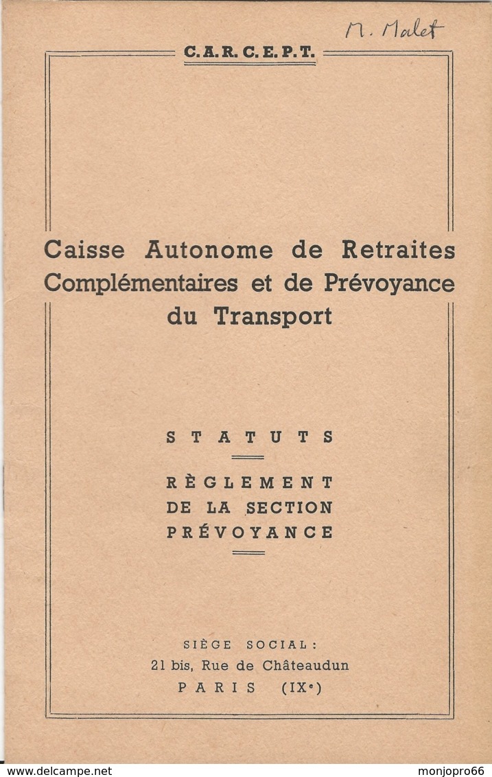 Livret Des Statuts De La Caisse De Retraite C A R C E P T - Autres & Non Classés