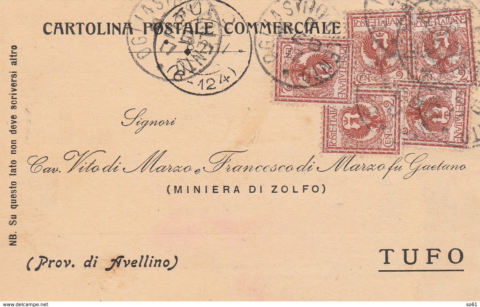 7762.   Cartolina Commerciale - Miniera Di Zolfo - Tufo Avellino Per Ogliastro Cilento Salerno 1917 - Altri & Non Classificati