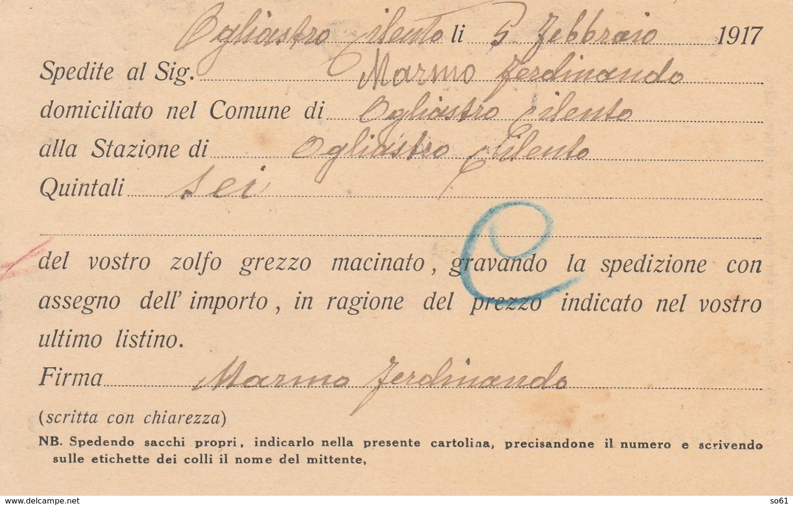 7762.   Cartolina Commerciale - Miniera Di Zolfo - Tufo Avellino Per Ogliastro Cilento Salerno 1917 - Altri & Non Classificati