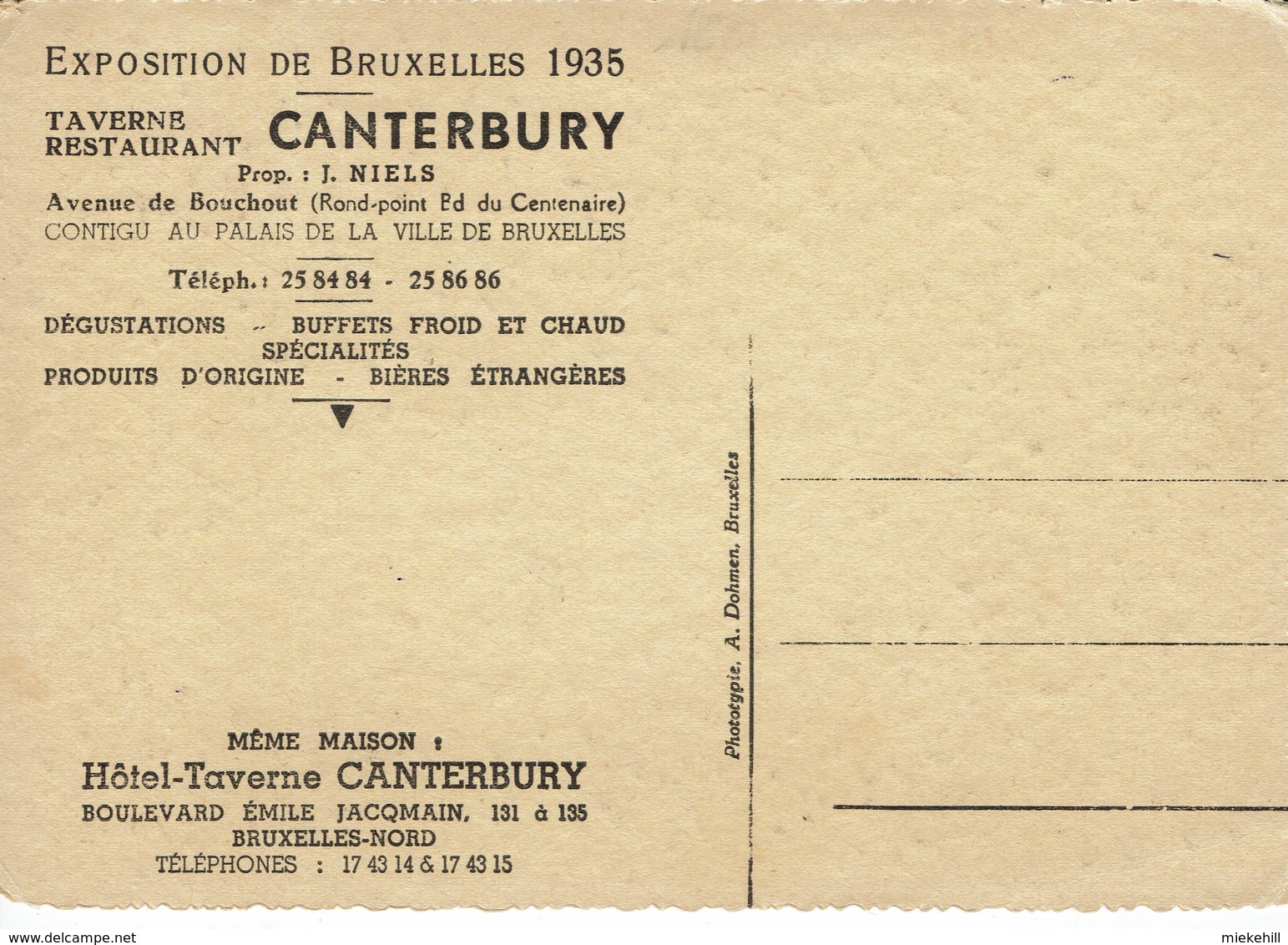 LAEKEN-EXPOSITION UNIVERSELLE BRUXELLES 1935-RESTAURANT CANTERBURY- ETERNIT-PROPRIETAIRE NIELS-AVENUE DE BOUCHOUT - Laeken