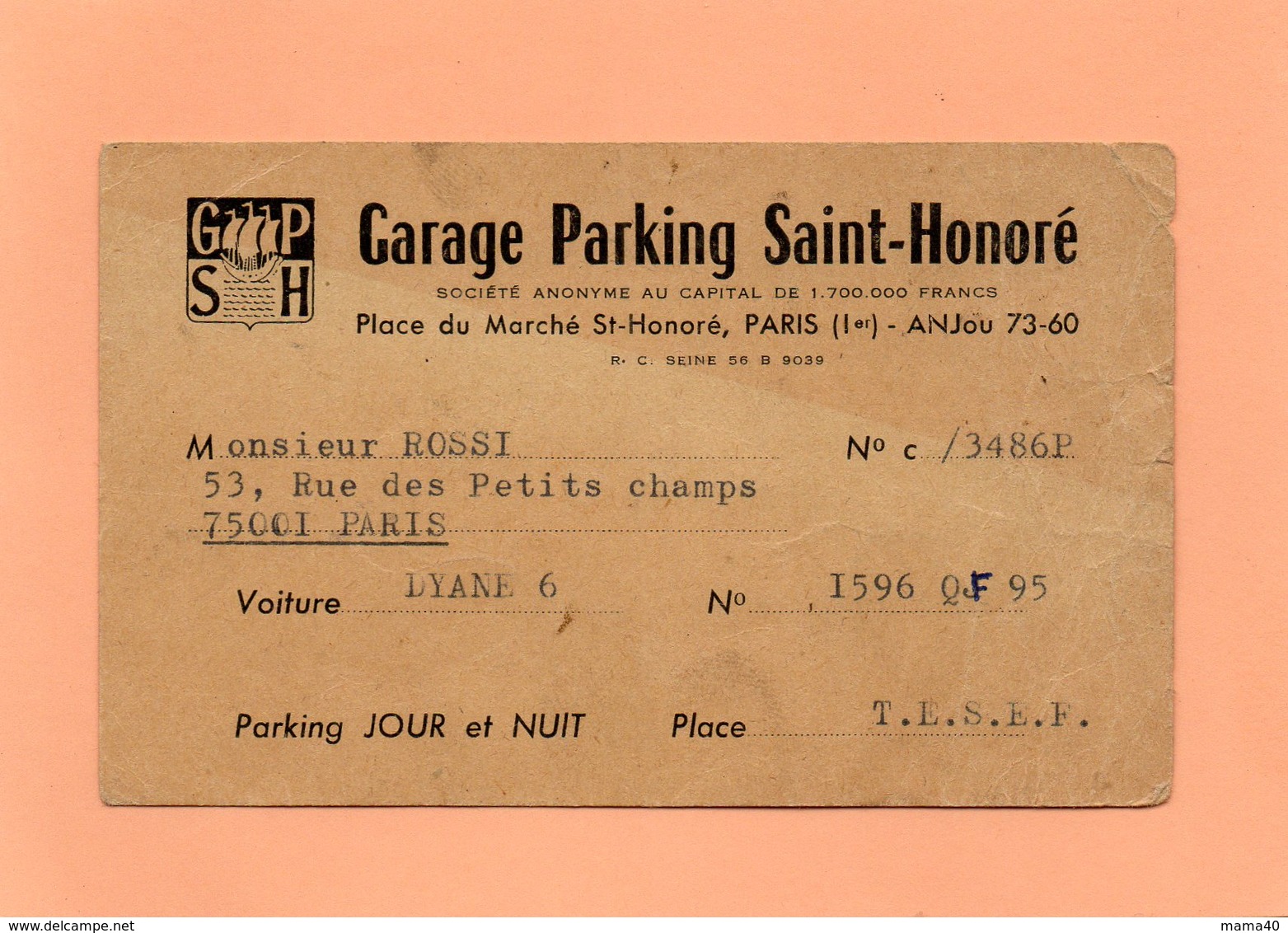 75 - PARIS - CARTE DE PARKING - GARAGE PARKING ST HONORE  POUR VOITURE DYANE 6 - Autres & Non Classés