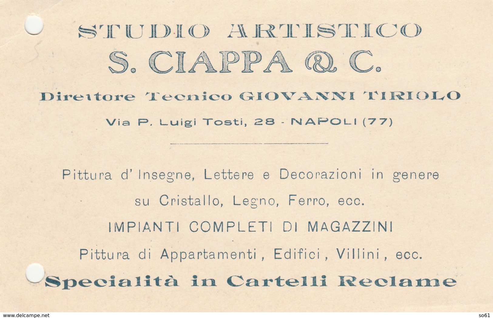 7765 Eb.   Cartolina Pubblicitaria Studio Artistico Ciappa & C. Napoli - Altri & Non Classificati