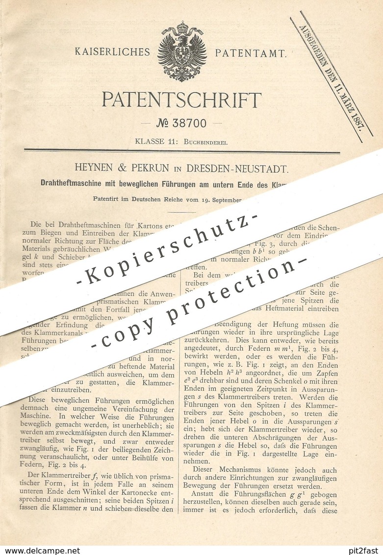 Original Patent - Heynen & Pekrun , Dresden Neustadt 1886 , Drahtheftmaschine | Buchbinder , Buchbinderei , Buch Heften - Historische Dokumente
