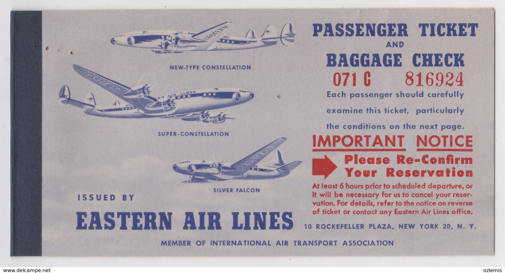 EASTERN  AIR LINES PASSENGER TICKET AND BAGGAGE CHECK 1953 - Biglietti