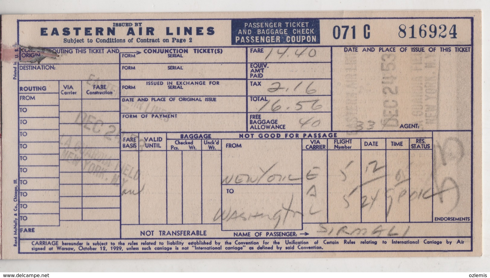 EASTERN  AIR LINES PASSENGER TICKET AND BAGGAGE CHECK 1953 - Biglietti