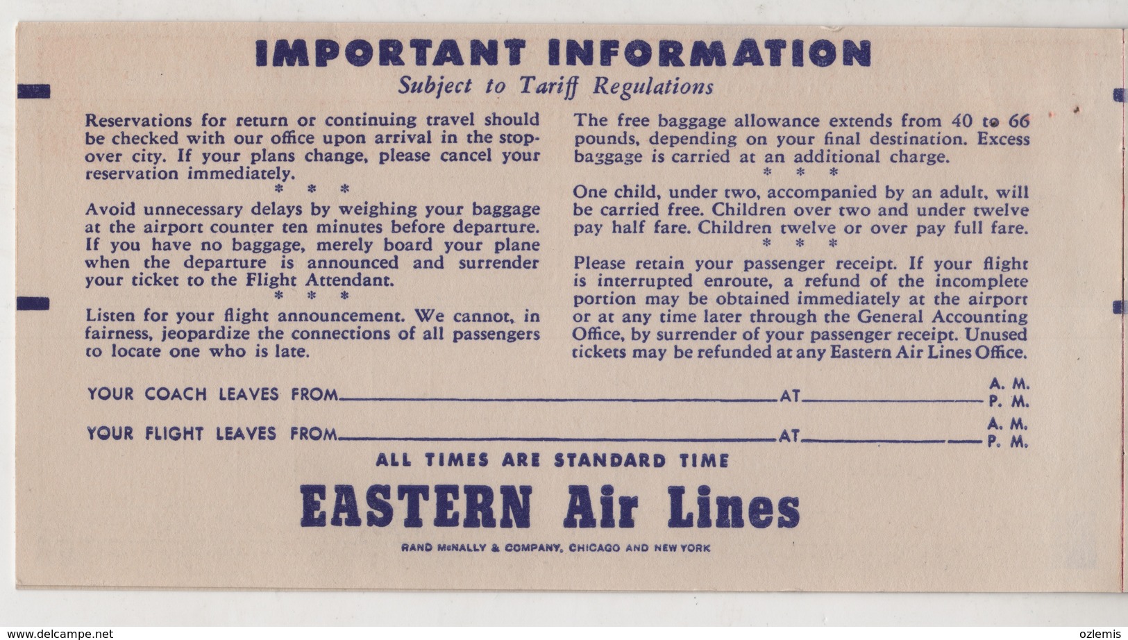 EASTERN  AIR LINES PASSENGER TICKET AND BAGGAGE CHECK 1953 - Tickets