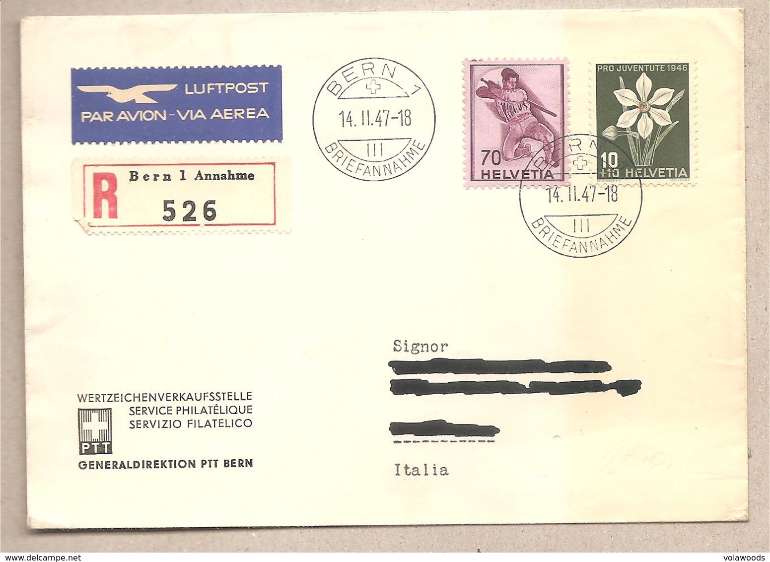 Svizzera - Busta Viaggiata Per L'Italia: Pro Juventute 1946 + Motivi Storici 1941- 1947 *G - Storia Postale