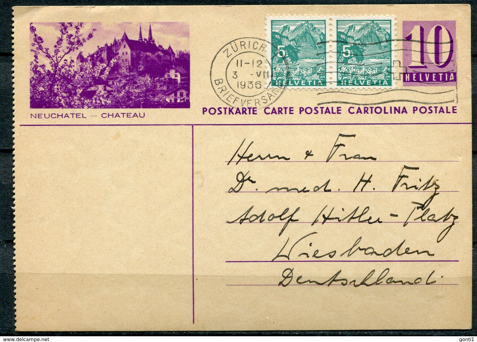 Schweiz 1936 Bildpostkarte"Neuchatel-Chateau"10 Centimes Lila Mit Zusatz Frankatur"Zürich-Wiesbaden"1 GS Gezähnt,used - Interi Postali