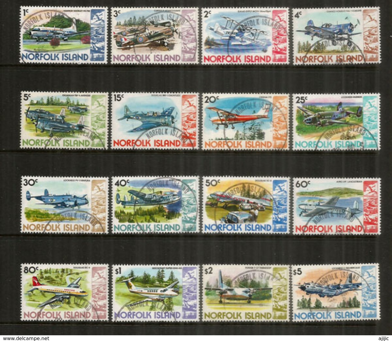 Histoire De L'Aviation (C-130,DC-4,DC-3,Cessna,Kittyhawk,Gypsy MothGrumman,etc) 16 Timbres Oblitérés 1 ère Qualité - Norfolk Eiland